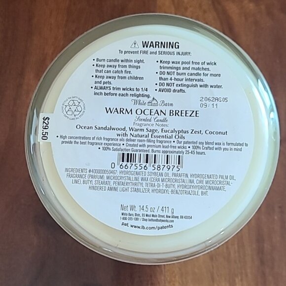 WARM OCEAN BREEZE 3 Wick Candle Bath & Body Works - Picture 4 of 6